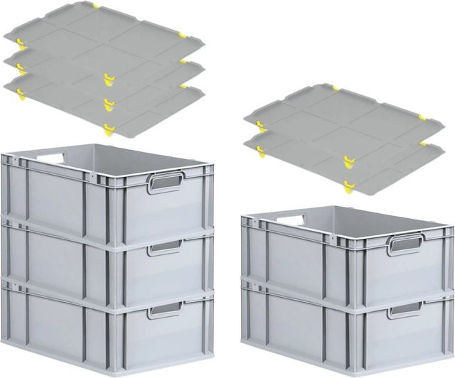 PROREGAL SparSet 5x Eurobox NextGen Grip mit Auflagedeckel in Grau, 44 Liter, H x B x T: 22 x 40 x 60 cm, mit verstärkten Wänden und 4 gelben Schiebeschnappverschlüssen - Bild 1