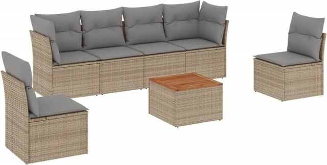 vidaXL 7-teilige Garten-Sofagarnitur in L-Form aus Poly-Rattan in Beige mit Tisch und Polsterkissen - Bild 1