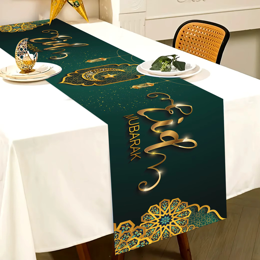 VIKAMA Ramadan Tischläufer mit Eid Al Fitr Motiv in Grün aus Leinen, B/H: 90 x 33 cm - Bild 2