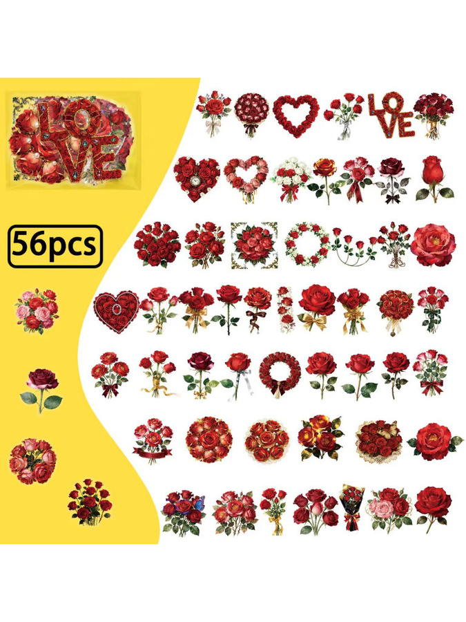 56 Stück Rote Rosen Blumenmuster Transparente PET-Aufkleber mit Herzförmigen Blumenstrauß-Stickern von Story Store - Bild 7