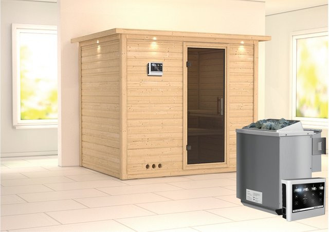 Karibu Sauna Sarina mit Bio-Ofen, externem LED-Steuergerät und Dachkranz in Graphit und Natur - Bild 1