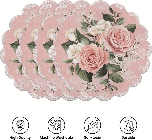 VIKAMA 4-teiliges Tischset mit Spitze und Blumenmuster in Pink, rund - Bild 1