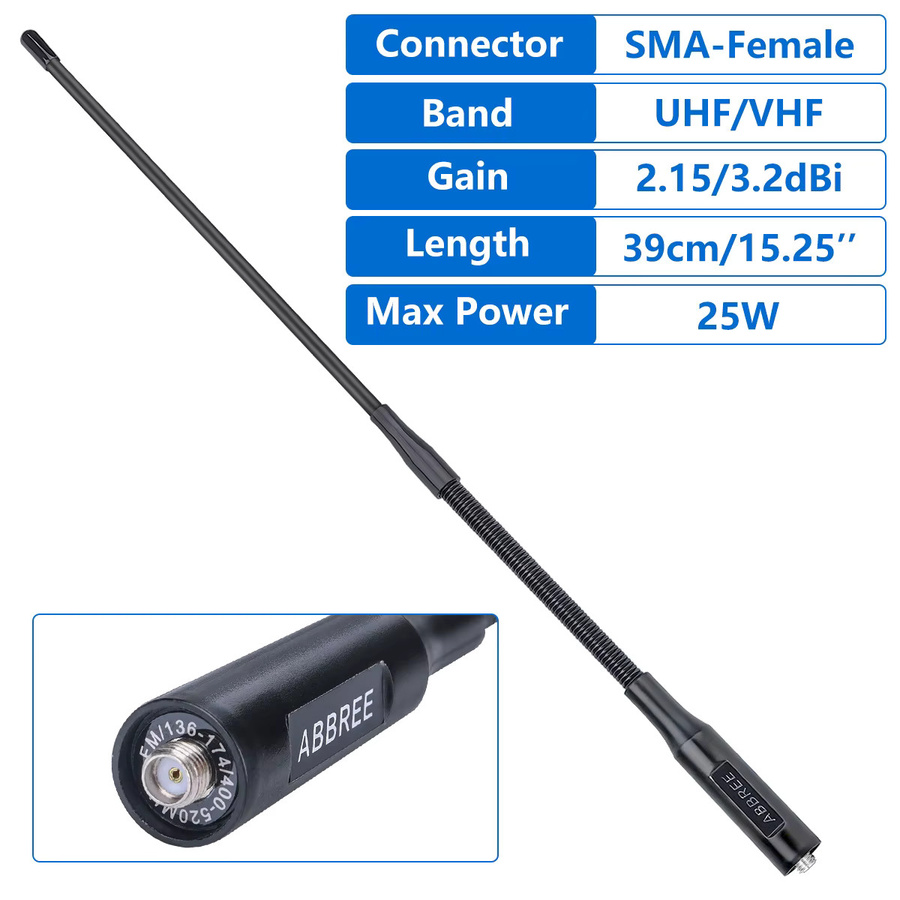 ABBREE AR-166 Schwanenhals Walkie Talkie Antenne mit SMA-Buchse, Dual Band UHF/VHF für Baofeng UV-5R, Mini UV21, Quansheng UV-K1 und Ham Radio, Schwarz - Bild 2