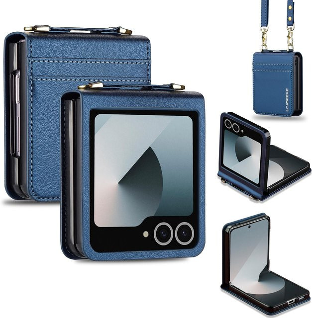 Leder Crossbody Handyhülle mit Kartenfach und Lanyard für Samsung Galaxy Z Flip 5G, Blau - Bild 1