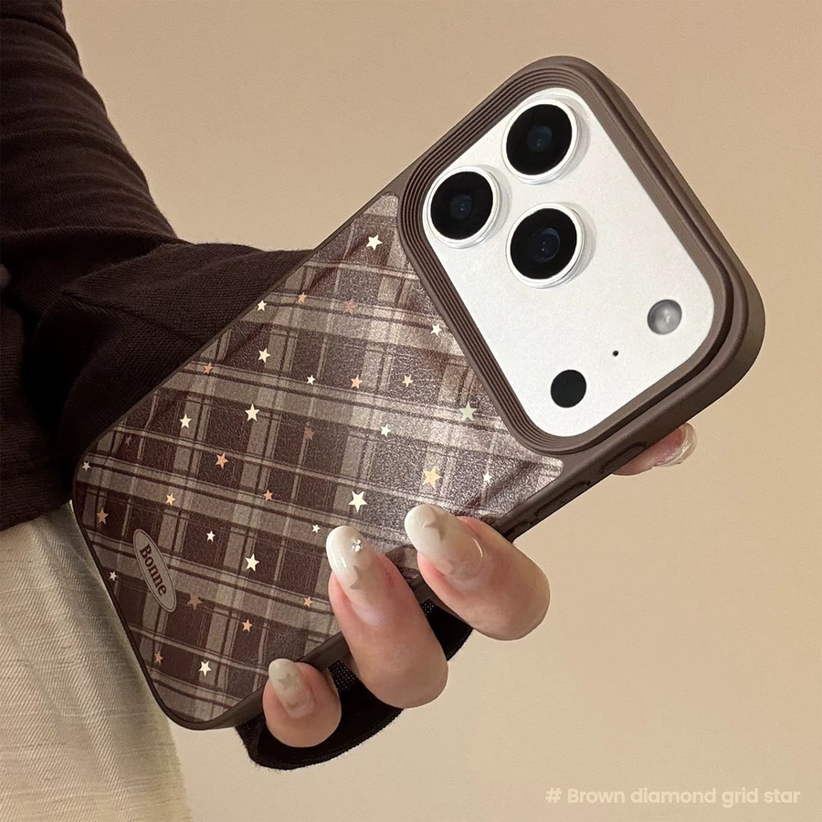 Stoßfeste Handyhülle mit koreanischem geometrischem Karomuster und Sternen in Ledertextur für iPhone 11 bis iPhone 17 Pro Max, Farbe: Braun - Bild 2