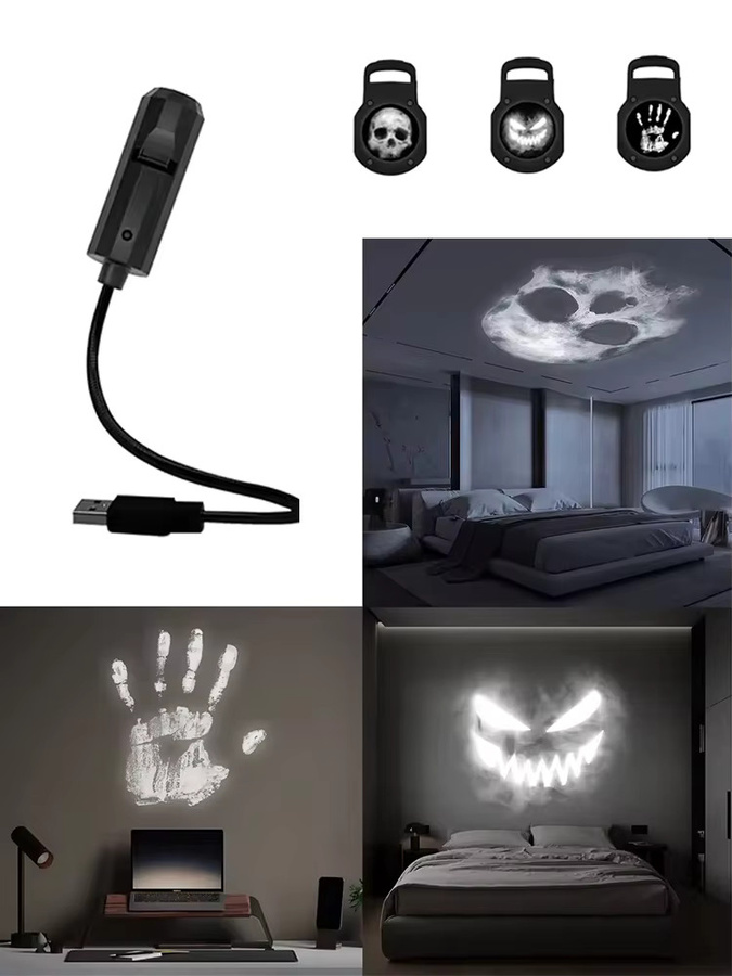 TLEDMP Hallo-ween Totenkopf-Nachtlicht in Schwarz mit 3 Szenen und Geister-LED-Projektor für Wand- und Deckendekoration - Bild 4