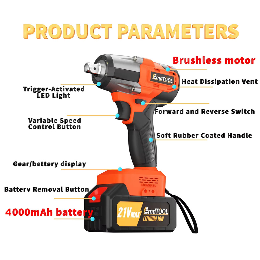 DayPlus 21-V-Akku-Schlagschrauber mit 1/2 Zoll Antrieb, bürstenloser Motor, 600 Nm Drehmoment und 4,0-Ah-Akku inklusive Zubehör und Koffer - Bild 2