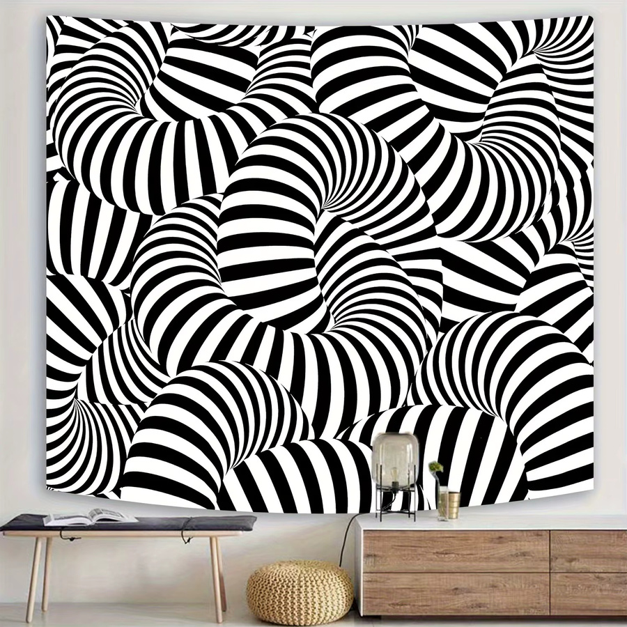 VIKAMA Wandteppich mit geometrischer optischer Täuschung in Schwarz und Weiß, minimalistischer Streifen-Look für dein Wohnzimmer - Bild 3