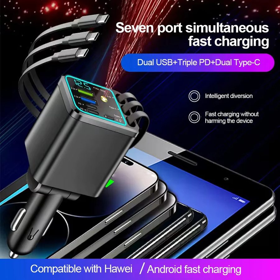 Kebidumei 7-in-1 Auto-Schnellladegerät mit 180W und einziehbarem USB-C Kabel in Schwarz - Bild 2