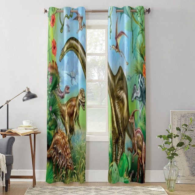 Dinosaurier Fenstergardine für Kinderzimmer aus Polyester, halbtransparent, Mehrfarbig, B: 135 cm, H: 92 cm - Bild 1