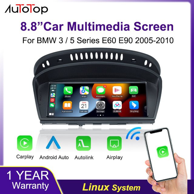 AUTOTOP 8,8 Zoll Wireless CarPlay und Android Auto Multimedia Display mit Touchscreen in Schwarz für BMW 3er E90 E91 E92 E93 und 5er E60 E61 - Bild 1