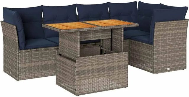 vidaXL 6-teilige Garten-Sofagarnitur aus Poly-Rattan und Akazienholz in Grau mit marineblauen Kissen - Bild 1