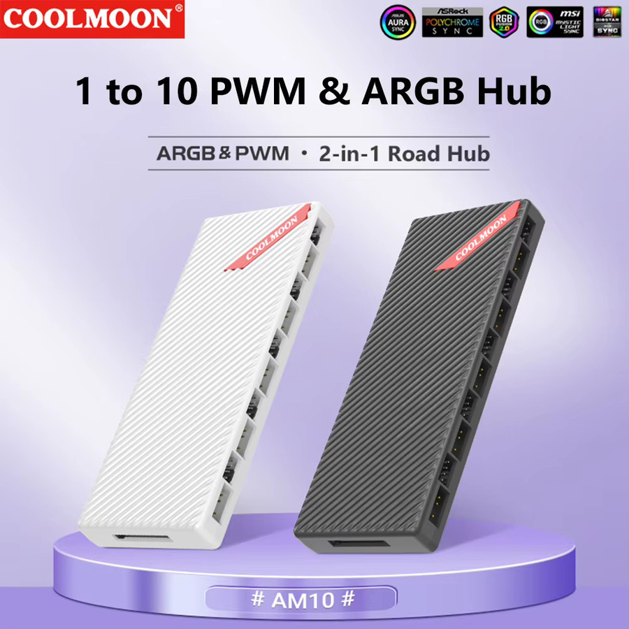 ATUOTIN PWM und ARGB Lüfter-Controller in Weiß, 4-poliger PWM-Hub und 3-poliger adressierbarer ARGB-Adapter mit SATA-Anschluss für bis zu 10 Gehäuselüfter - Bild 2