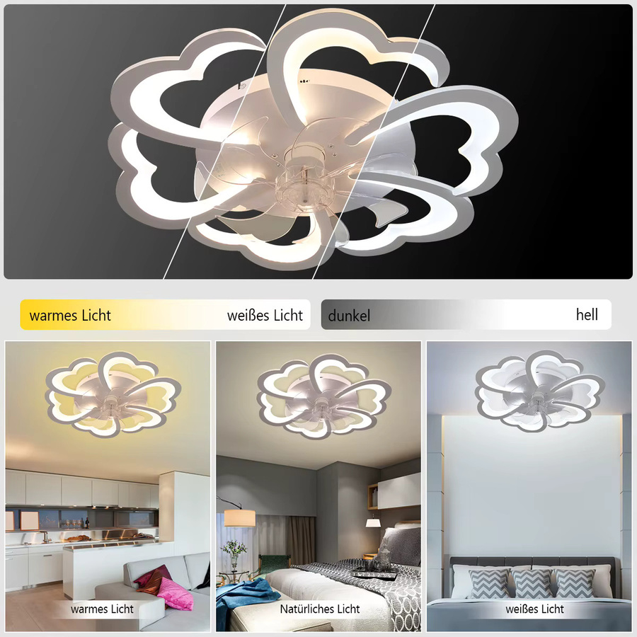 Oyajia Deckenventilator mit Beleuchtung in Blumenform, Weiß, 60W, mit Fernbedienung und leiser Funktion für das Wohnzimmer - Bild 2
