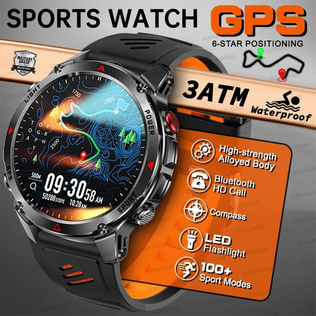 GUHUAVMI Militärische GPS-Smartwatch mit 1,43 Zoll Display, 3ATM Wasserdicht, Kompass, NFC und HD-Anruffunktion in Schwarz - Bild 1