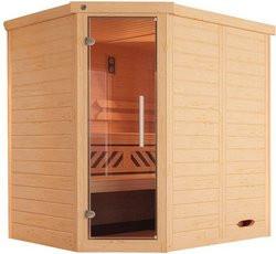 WEKA Massivholzelementsauna Kemi Eck in Braun mit 4,5 kW Ofen und externer Steuerung für 4 Personen - Bild 1
