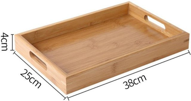 Rechteckiges Aufbewahrungs-Tablett aus Bambus und Holz in Braun mit Griffen, B/T/H: 38 x 25 x 4 cm - Bild 1