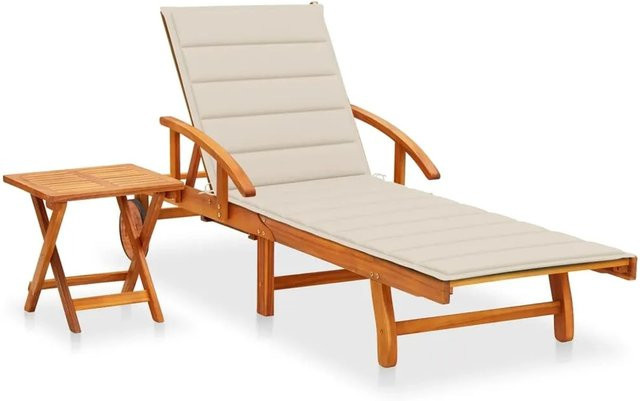 vidaXL Sonnenliege aus Akazie Massivholz mit Tisch, Auflage und Rollen, Farbe Beige - Bild 1