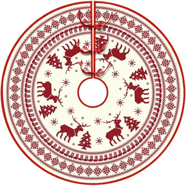 VIKAMA Weihnachtsbaumrock in Rot mit Rentier-Motiv, Kiefernzweigen und Schneeflocken-Silhouette zur Weihnachtsdekoration - Bild 1