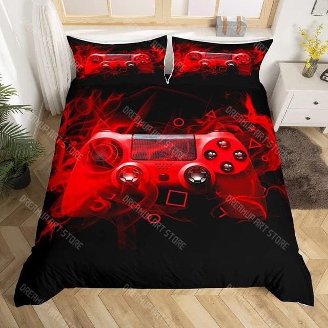 Binchi Fitness Gamepad Bettwäsche-Set für Kinder, Wendebettwäsche mit geometrischem Design in Blau und Rot, Microfaser, B/H: 90 x 200 cm - Bild 1