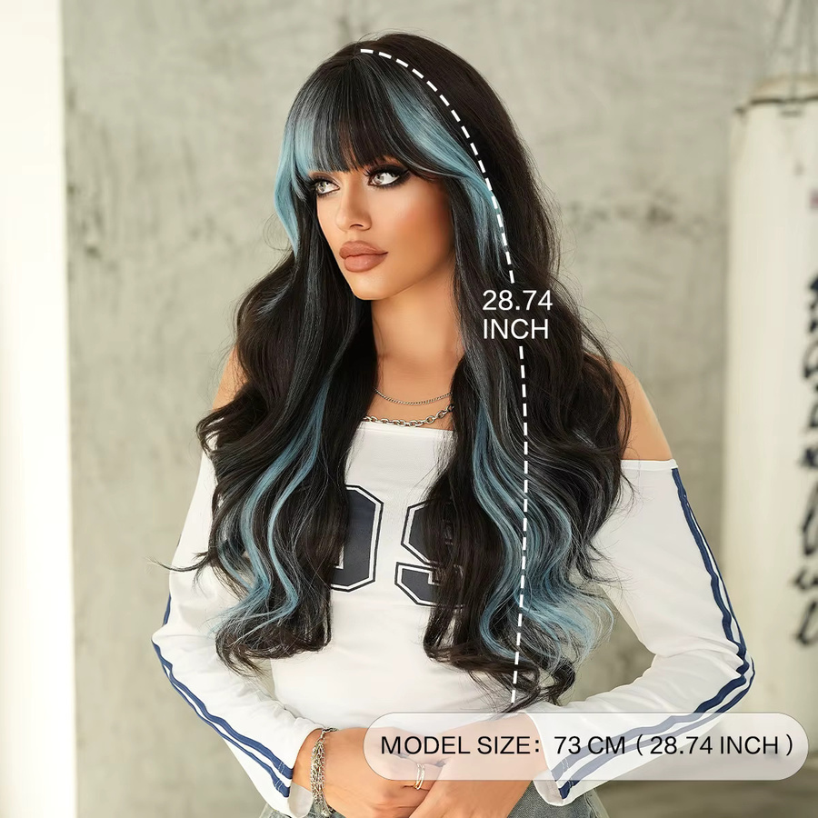 NAMM Perücke, lange gewellte Haare mit Pony, blau, synthetisch, Damen - Bild 2