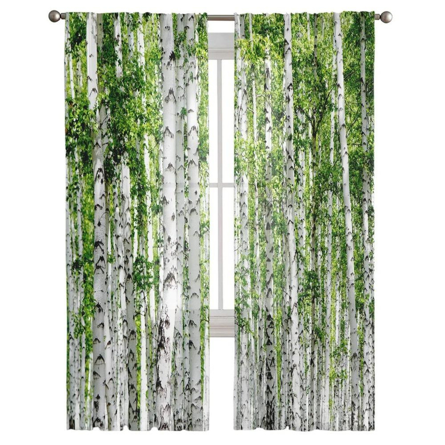 Yiran Furniture Transparentes Tüll-Vorhang Design Pflanzenbirke Grüner Wald in Grün, Breite: 135 cm, Höhe: 115 cm - Bild 1