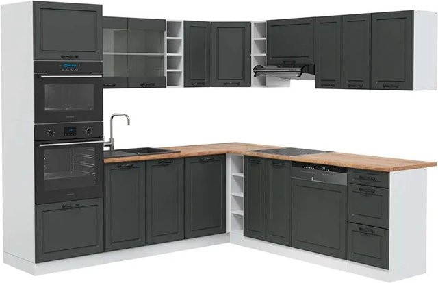 Vicco R-Line Eckküche im Landhausstil in Anthrazit und Weiß mit Eiche-Optik, B/T/H: 237 x 247 x 81,6 cm - Bild 1