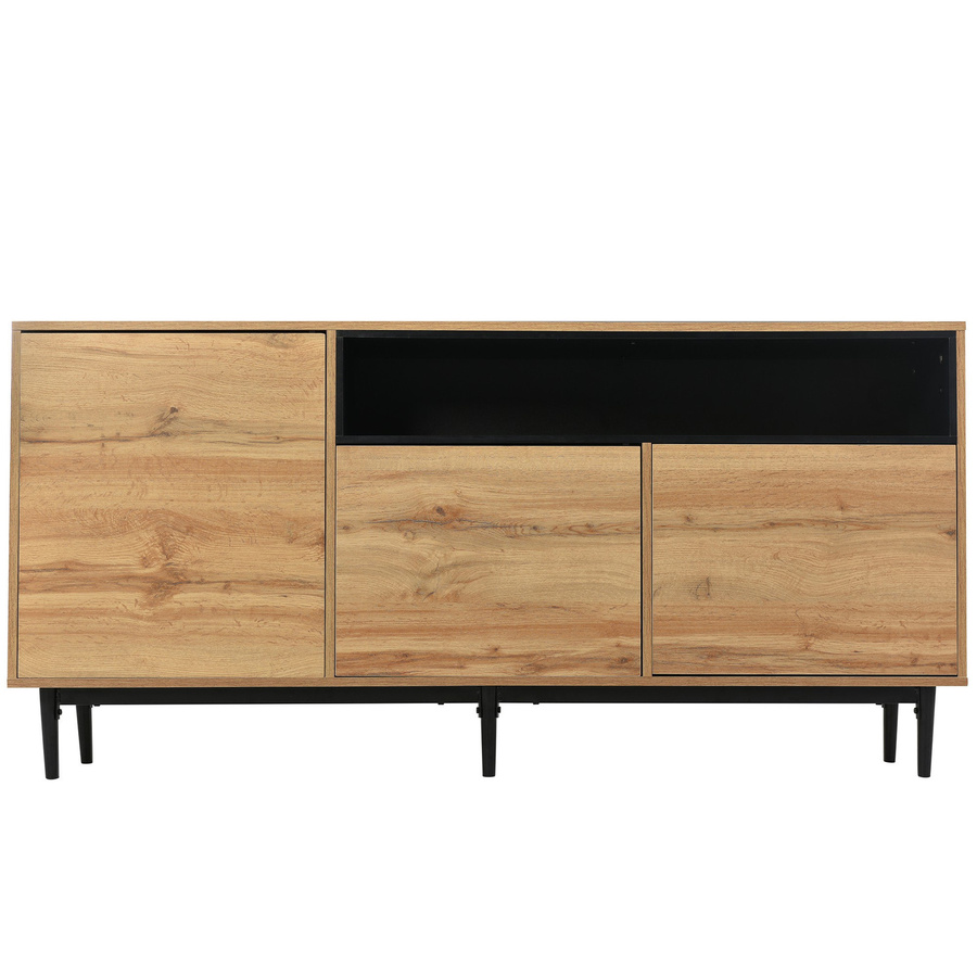Modernes Holz-Sideboard von GL Store in Schwarz und Holzfarbe mit drei Türen und verstellbaren Regalen, B/T/H: 160 x 35 x 76 cm - Bild 2