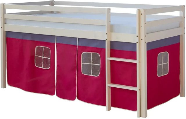Homestyle4u Hochbett aus Kiefernholz für Kinder in Weiß mit pinkfarbenem Stoffvorhang, B/T/H: 90 x 200 x 110 cm - Bild 1