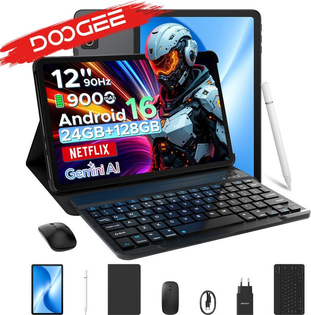 DOOGEE U12 2 in 1 Tablet PC mit Android 16, 12 Zoll Display, 24GB RAM, 128GB Speicher, Gemini AI und Wifi, Blau oder Schwarz - Bild 1