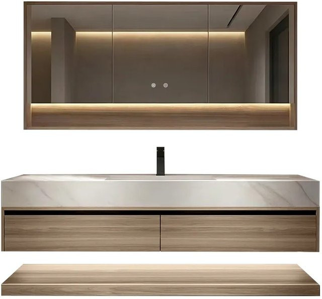 360Home Badezimmer Waschbecken Set mit Sinterstein Waschbecken, Unterschrank in Holzmaserung und Spiegelschrank mit LED-Beleuchtung, Weiß, B: 120 cm, T: 55 cm, H: 70 cm - Bild 1