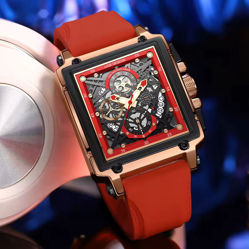 LIGE Chronograph Armbanduhr, Quarz, Eckig, Rot, Silikon, Herren - Bild 3
