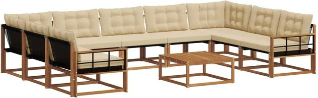 vidaXL Outdoor-Sofagarnitur 10-teilig in U-Form aus massivem Akazienholz mit Textilene und Kissen in Natur-Beige - Bild 1