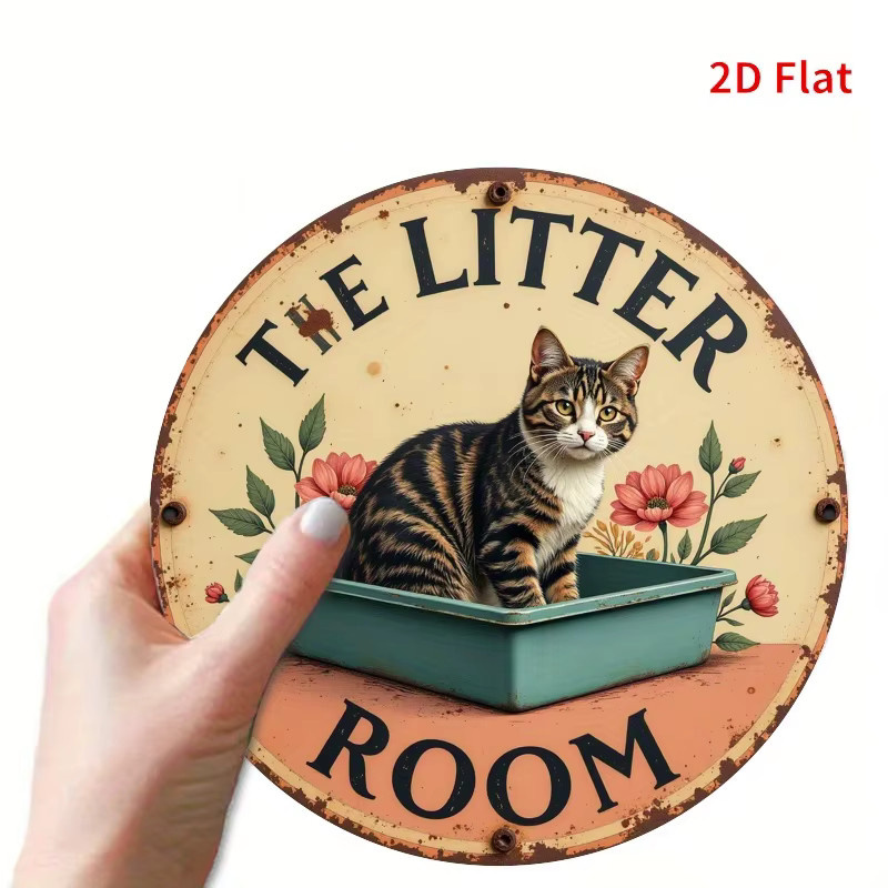 Rundes Vintage-Eisenschild Potdemiel mit Katzentoilette Motiv, mehrfarbige Hängedekoration aus Metall, Durchmesser: 20 cm - Bild 3