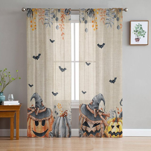 Yiran Furniture Halloween Vorhang mit Kürbis und Geist Motiv in Lila, transparenter Tüll-Voile mit Ösen, Breite: 135 cm, Höhe: 115 cm - Bild 1