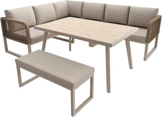 okwish Gartenmöbel Set aus Polyrattan mit Sofabank, Tisch und UV-beständigen Sitzkissen in Beige - Bild 1