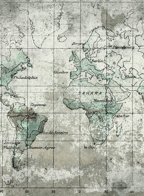 Coordonne Wandtapete Old Map Weltkarte in Blau und Grau aus Vlies - Bild 1