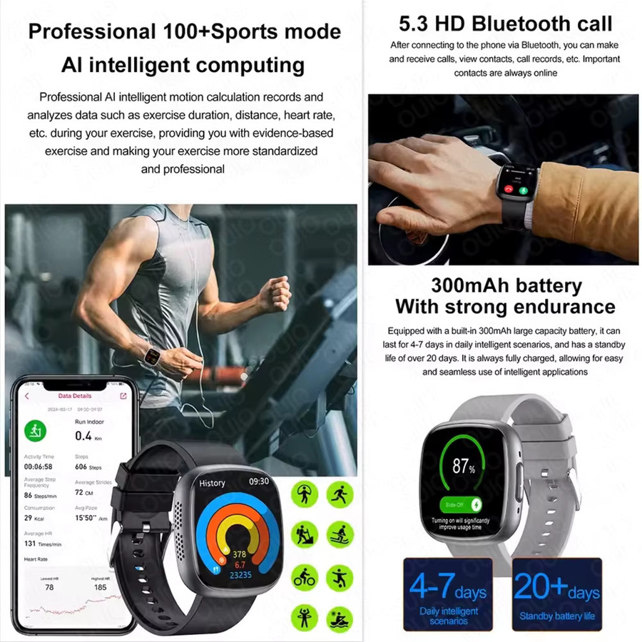 OUIO NFC Gesundheitsmonitor Smartwatch in Schwarz mit EKG, PPG, Blutsauerstoff-, Blutdruck- und Harnsäure-Messung sowie Körperanalyse für Damen und Herren - Bild 6