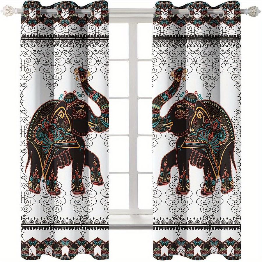2er-Set Boho Vorhänge mit Mandala Tier Elefanten Druckmuster, halbtransparent, Multicolour, Breite: 150 cm, Höhe: 166 cm - Bild 4
