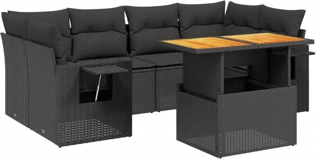 vidaXL 7-teilige Garten-Sofagarnitur in L-Form aus Polyrattan und Akazienholz mit Kissen, Schwarz - Bild 1