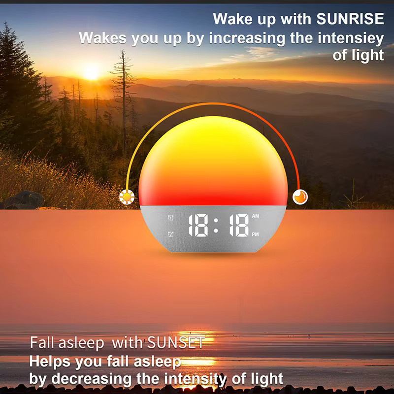 Niditon Wake Up Light Wecker mit Sonnenaufgang und Sonnenuntergang Simulation, FM Radio, RGB Nachtlicht und White Noise Machine, Nachttischuhr in Weiß - Bild 2