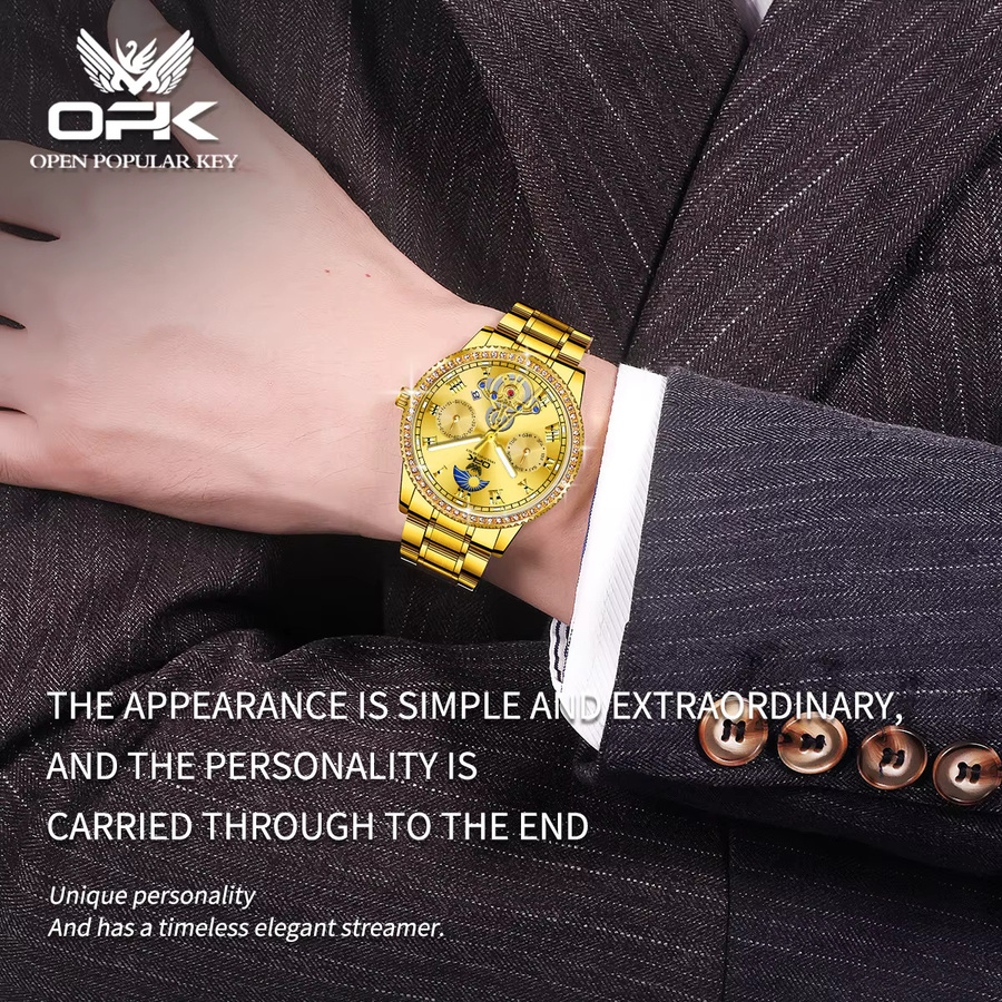 OPK Armbanduhr, Quarz, Edelstahl, Gold, Diamant, Zirkonia, Herren - Bild 6