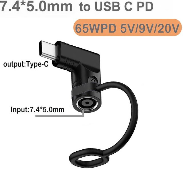 HP/DELL DC Power Jack zu USB-C PD Adapter Konverter 65W Schnellladegerät Schwarz 7,4x5,0mm - Bild 1