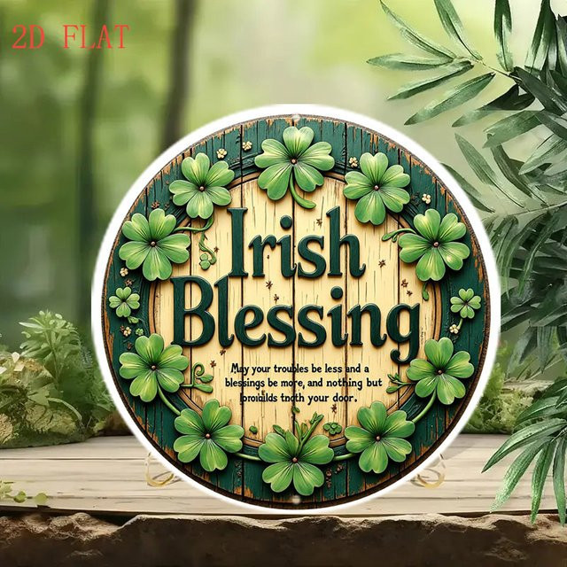 Potdemiel Irish Blessing Good Luck Wanddekoration mit Kleeblatt-Blumenmotiv in Grün und Blaugrün, rundes Metallschild, Durchmesser: 20 cm - Bild 1