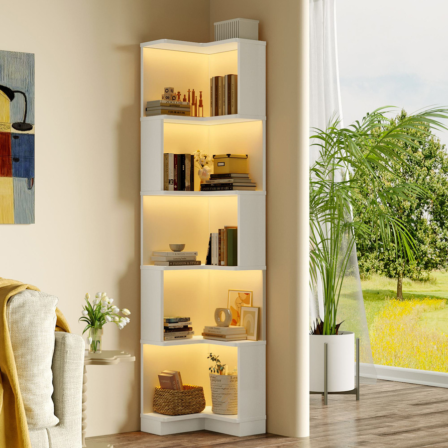 NK Space Eckbücherregal in Weiß mit integrierter LED-Farbwechsel-Lichtleiste, L-förmiges Design mit fünf Ebenen, B/T/H: 63,5 x 45 x 175 cm - Bild 2