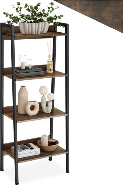 tectake Leiterregal Chatham Industrial Style aus Holz und Stahl in Braun mit 4 offenen Fächern und verstellbaren Einlegeböden, B/T/H: 57,5 x 34 x 138 cm - Bild 1