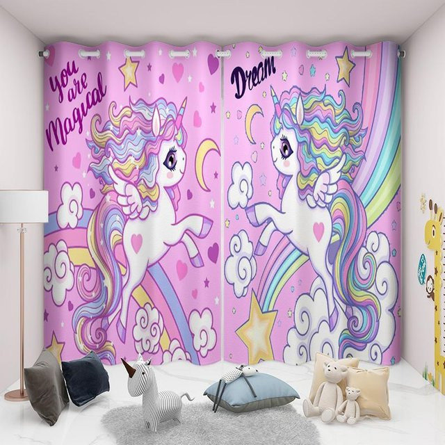Zweiteilige Regenbogen-Einhorn Vorhänge für Kinder in Rosa mit Ösen und Schlaufen, B/H: 60 x 50 cm pro Panel - Bild 1