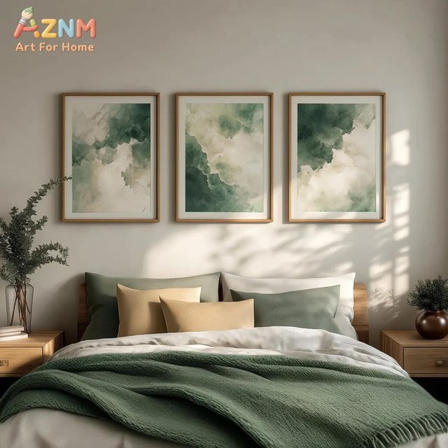 AZNM Leinwanddruck Sage Green Aquarell-Abstrakt mit Wolken-Motiv, minimalistische Boho-Wandkunst für dein Wohnzimmer - Bild 1