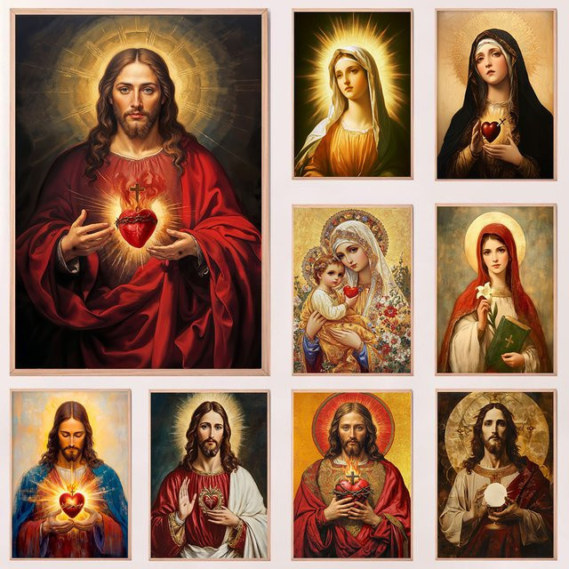 Potdemiel Religiöses Leinwand Poster Heiliges Herz Jesus und Jungfrau Maria Kunstmalerei für Wohnzimmer und Schlafzimmer - Bild 1