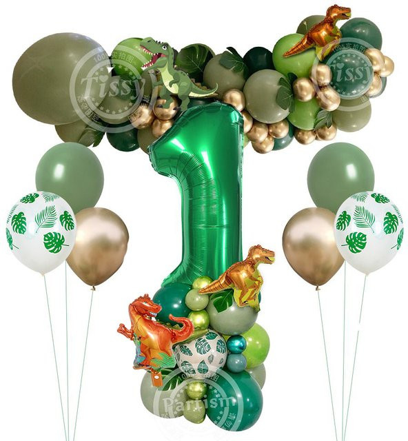 Tissy Dinosaurier-Ballonturm in Grün mit 27 Teilen und Zahlenballons für Kindergeburtstage - Bild 1